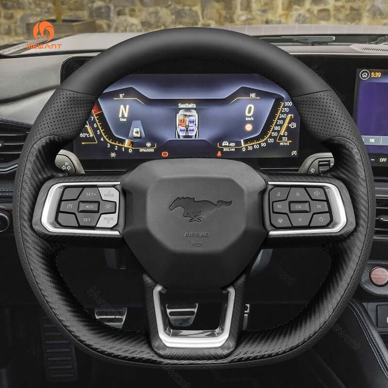 MEWANT Hand Stitch Car Steering Wheel Cover for Ford Mustang 2024 - Alcantara, Leather, Carbon Fiber, Easy Install, Non - Slip, Best Steering Wheel Cover