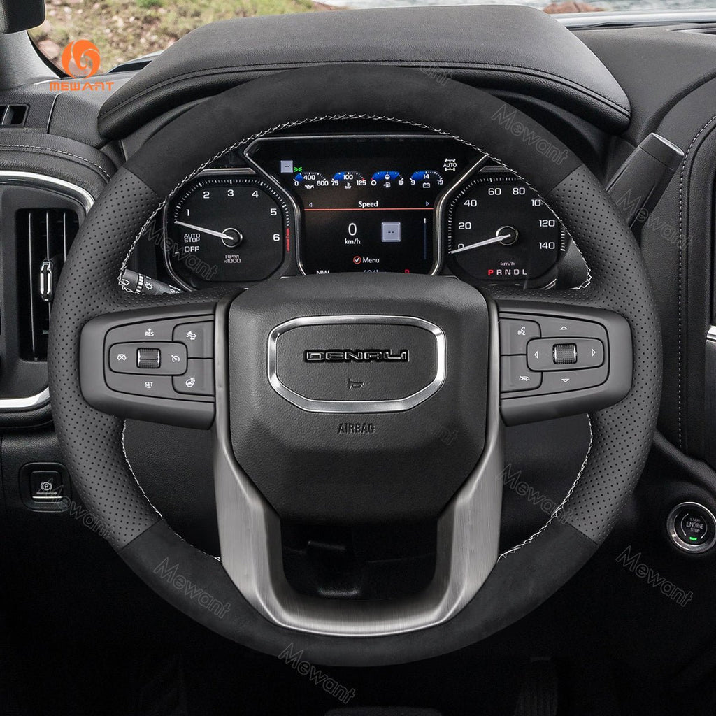 MEWANT Hand Stitch Car Steering Wheel Cover for GMC Sierra 1500 Limited / Sierra 2500 3500/Yukon (XL) - Alcantara, Leather, Carbon Fiber, Easy Install, Non - Slip, Best Steering Wheel Cover