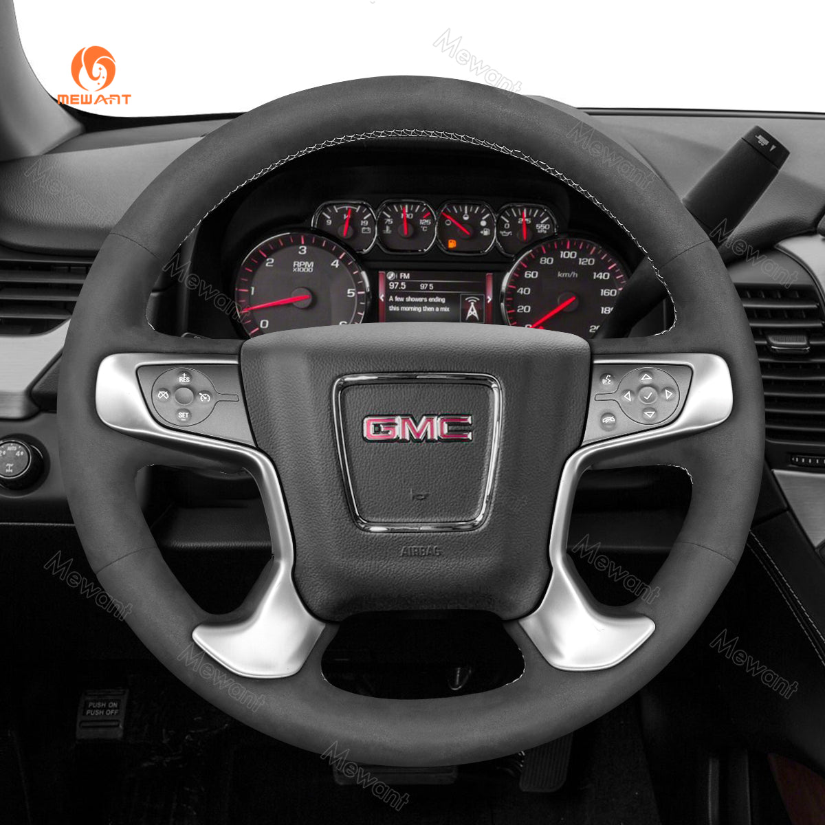MEWANT Hand Stitch Car Steering Wheel Cover for GMC Sierra 1500 / Sierra 1500 Limited / Sierra 2500 / Sierra 3500 / Yukon (XL) - Alcantara, Leather, Carbon Fiber, Easy Install, Non - Slip, Best Steering Wheel Cover