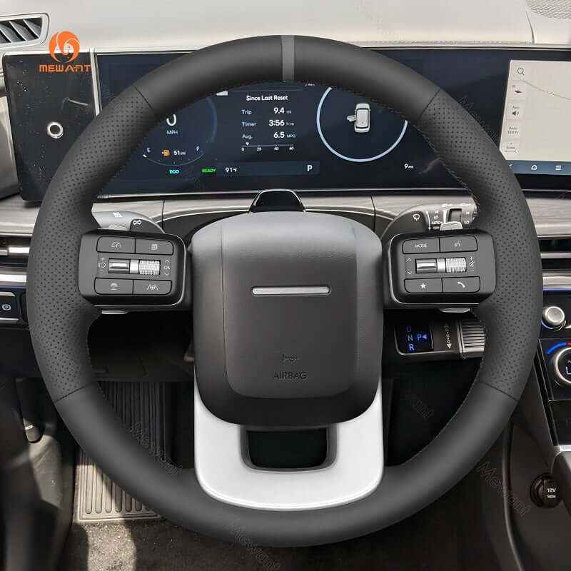 MEWANT Hand Stitch Car Steering Wheel Cover for Hyundai Santa Fe 2024 - Alcantara, Leather, Carbon Fiber, Easy Install, Non - Slip, Best Steering Wheel Cover
