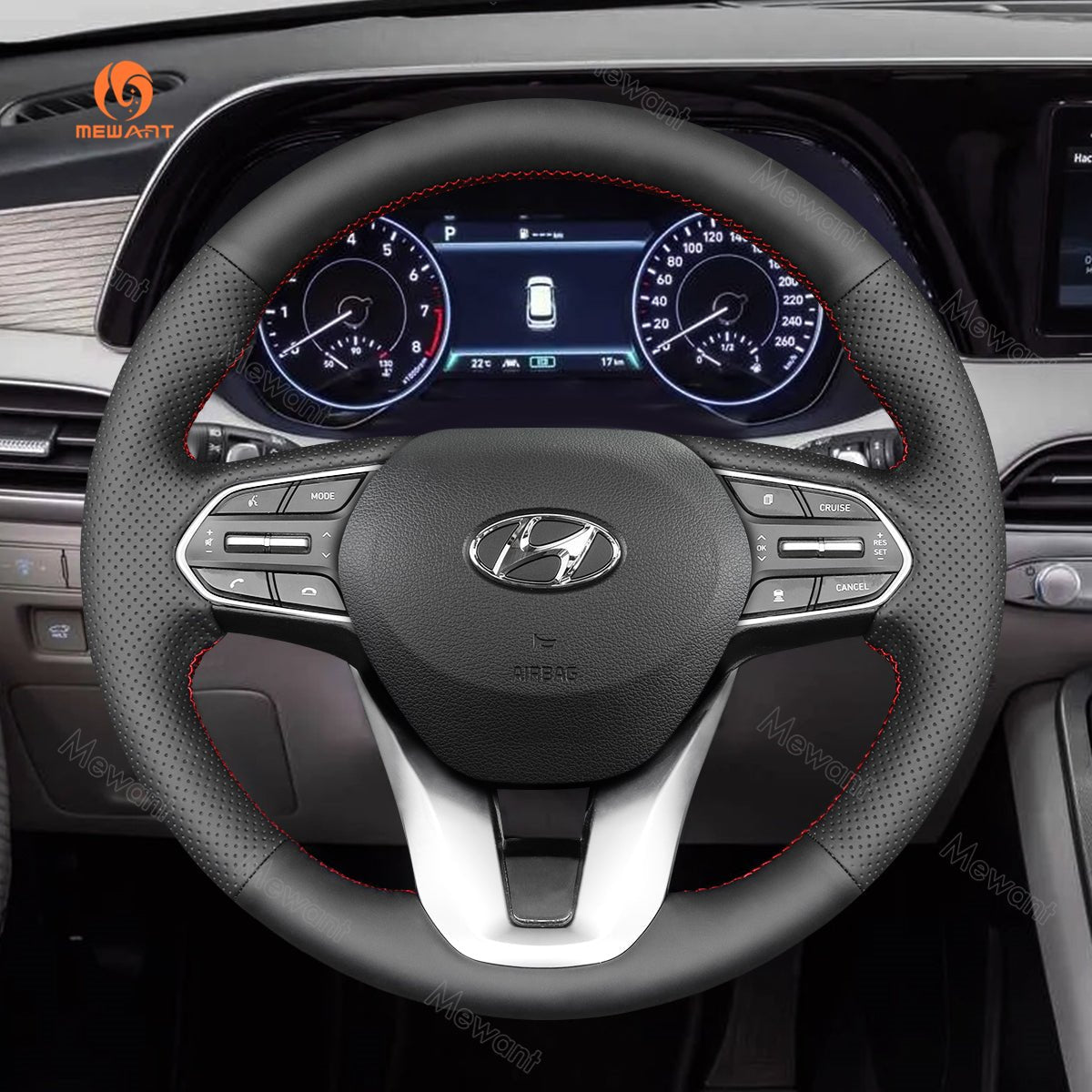 MEWANT Hand Stitch Car Steering Wheel Cover for Hyundai Santa Fe (IV) 2018 - 2023 / Palisade 2020 - 2022 - Alcantara, Leather, Carbon Fiber, Easy Install, Non - Slip, Best Steering Wheel Cover