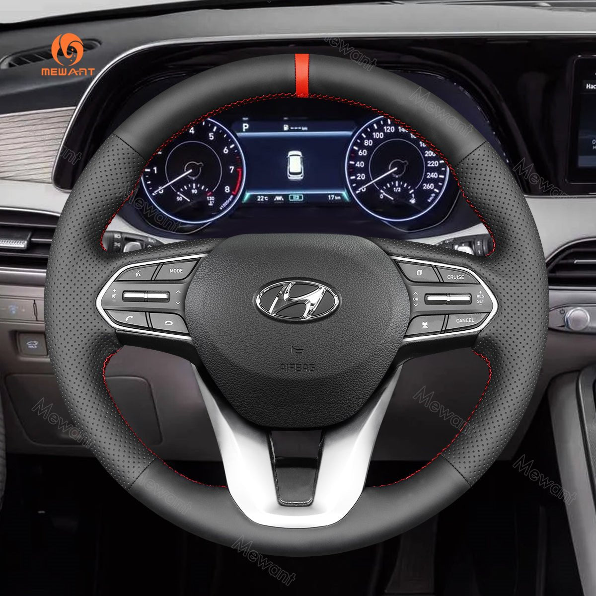 MEWANT Hand Stitch Car Steering Wheel Cover for Hyundai Santa Fe (IV) 2018 - 2023 / Palisade 2020 - 2022 - Alcantara, Leather, Carbon Fiber, Easy Install, Non - Slip, Best Steering Wheel Cover