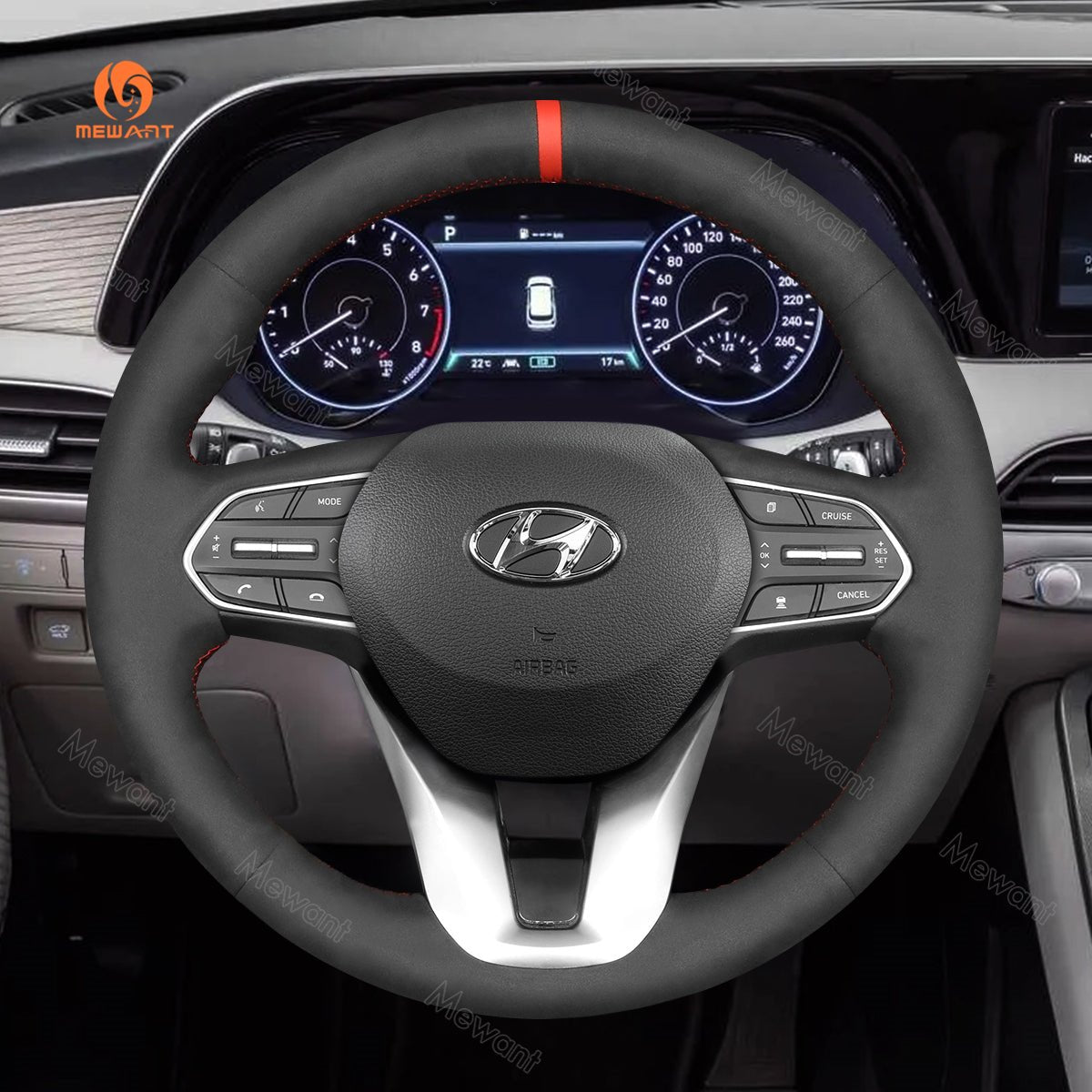 MEWANT Hand Stitch Car Steering Wheel Cover for Hyundai Santa Fe (IV) 2018 - 2023 / Palisade 2020 - 2022 - Alcantara, Leather, Carbon Fiber, Easy Install, Non - Slip, Best Steering Wheel Cover