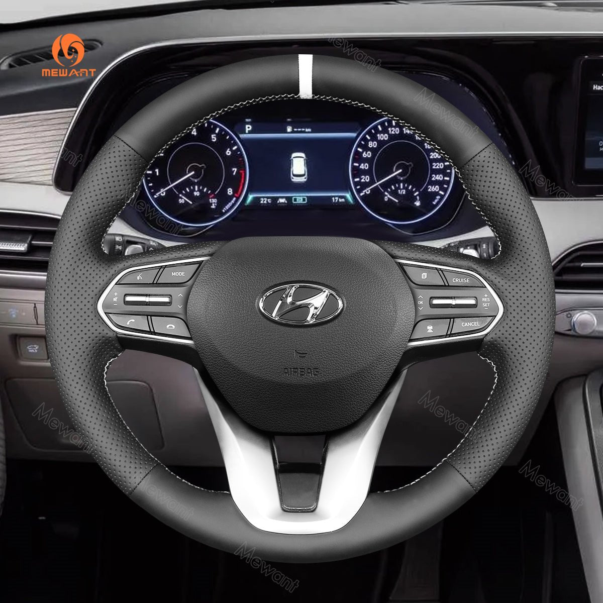 MEWANT Hand Stitch Car Steering Wheel Cover for Hyundai Santa Fe (IV) 2018 - 2023 / Palisade 2020 - 2022 - Alcantara, Leather, Carbon Fiber, Easy Install, Non - Slip, Best Steering Wheel Cover