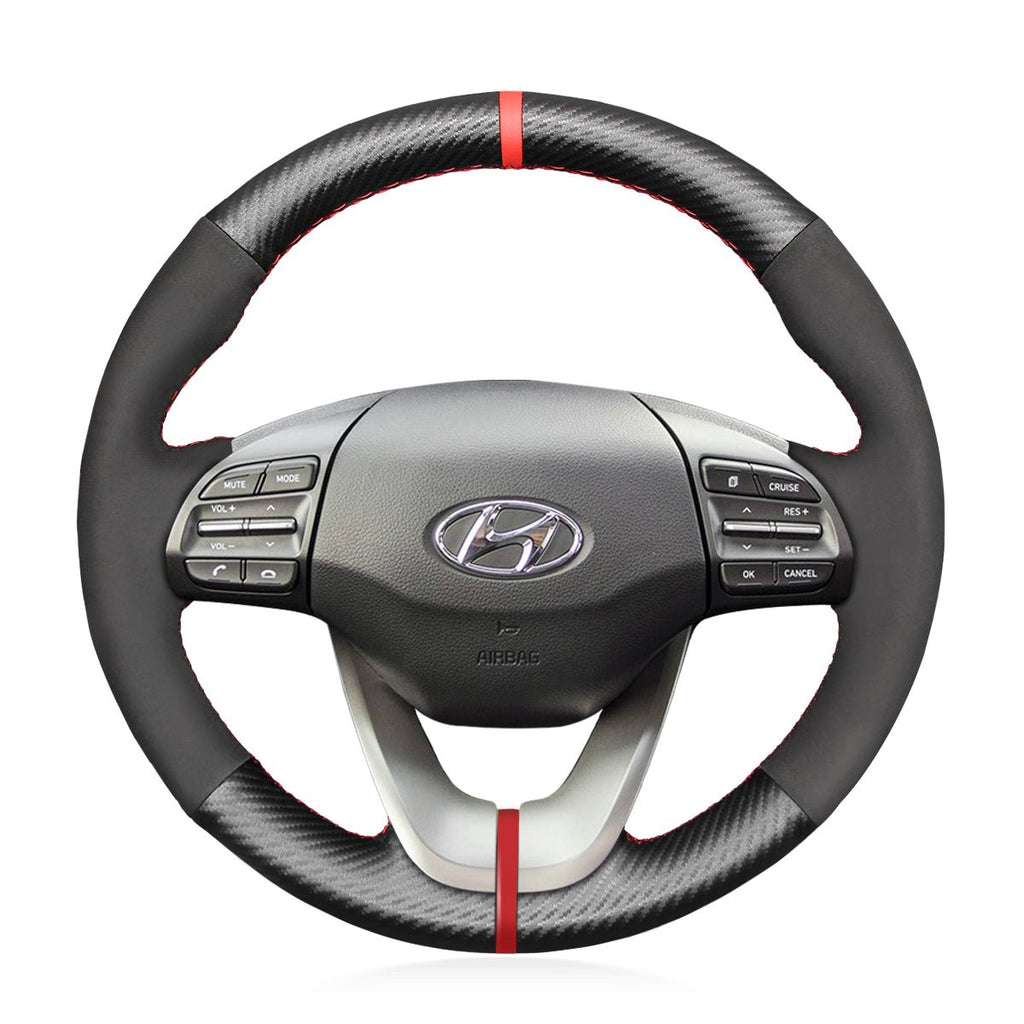 MEWANT Hand Stitch Car Steering Wheel Cover for Hyundai Veloster 2019 / i30 2017 - 2019 / Elantra 2019 - Alcantara, Leather, Carbon Fiber, Easy Install, Non - Slip, Best Steering Wheel Cover