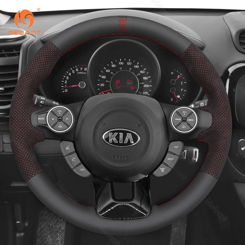 MEWANT Hand Stitch Car Steering Wheel Cover for Kia Soul 2014 - 2019 - Alcantara, Leather, Carbon Fiber, Easy Install, Non - Slip, Best Steering Wheel Cover