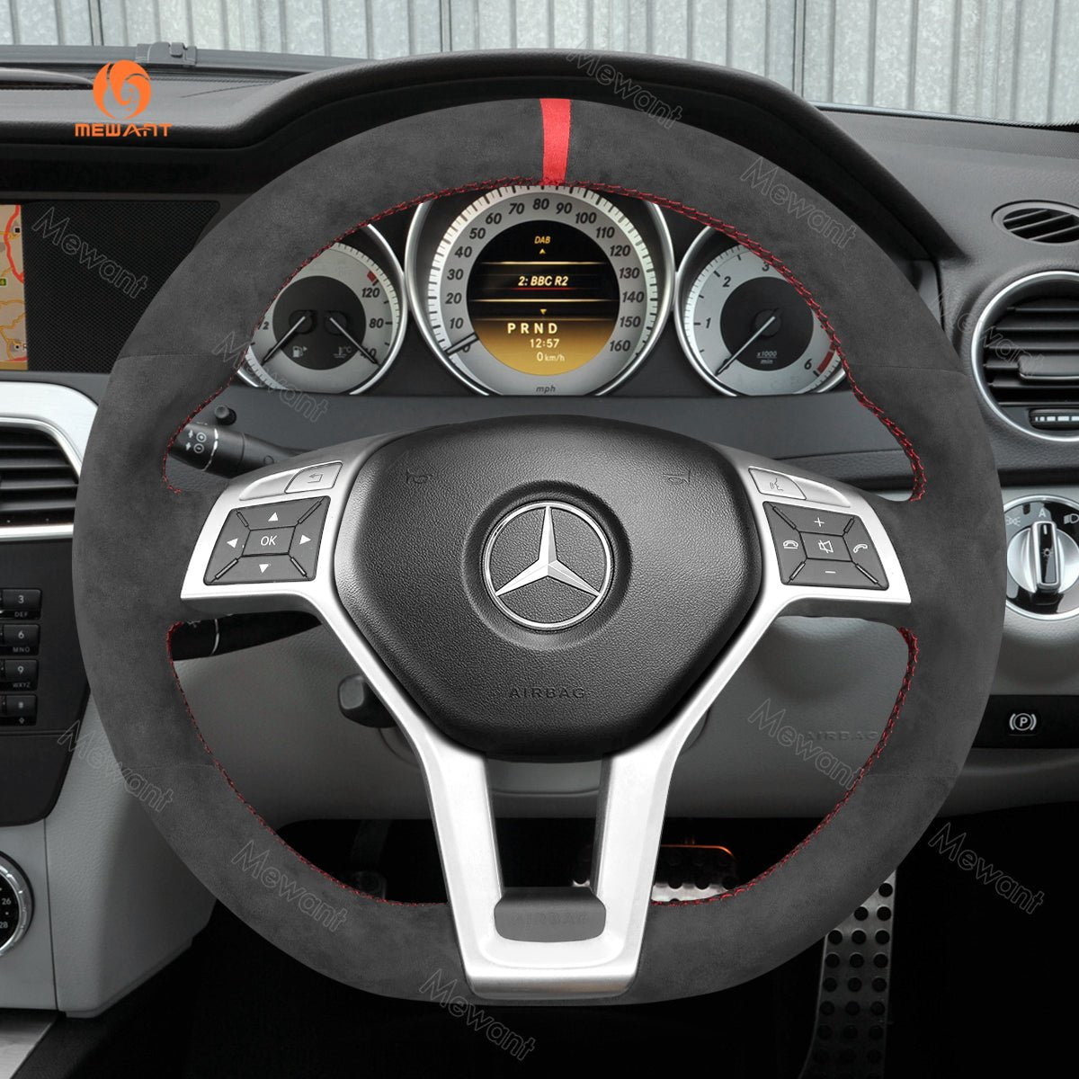 MEWANT Hand Stitch Car Steering Wheel Cover for Mercedes - benz C - Class W204 / E - Class W212 / CLS - Class C218 / GLA 45 AMG X156 / SL - Class R231 / SLK - Class R172 2012 - 2016 - Alcantara, Leather, Carbon Fiber, Easy Install, Non - Slip, Best Steering Wheel Cover