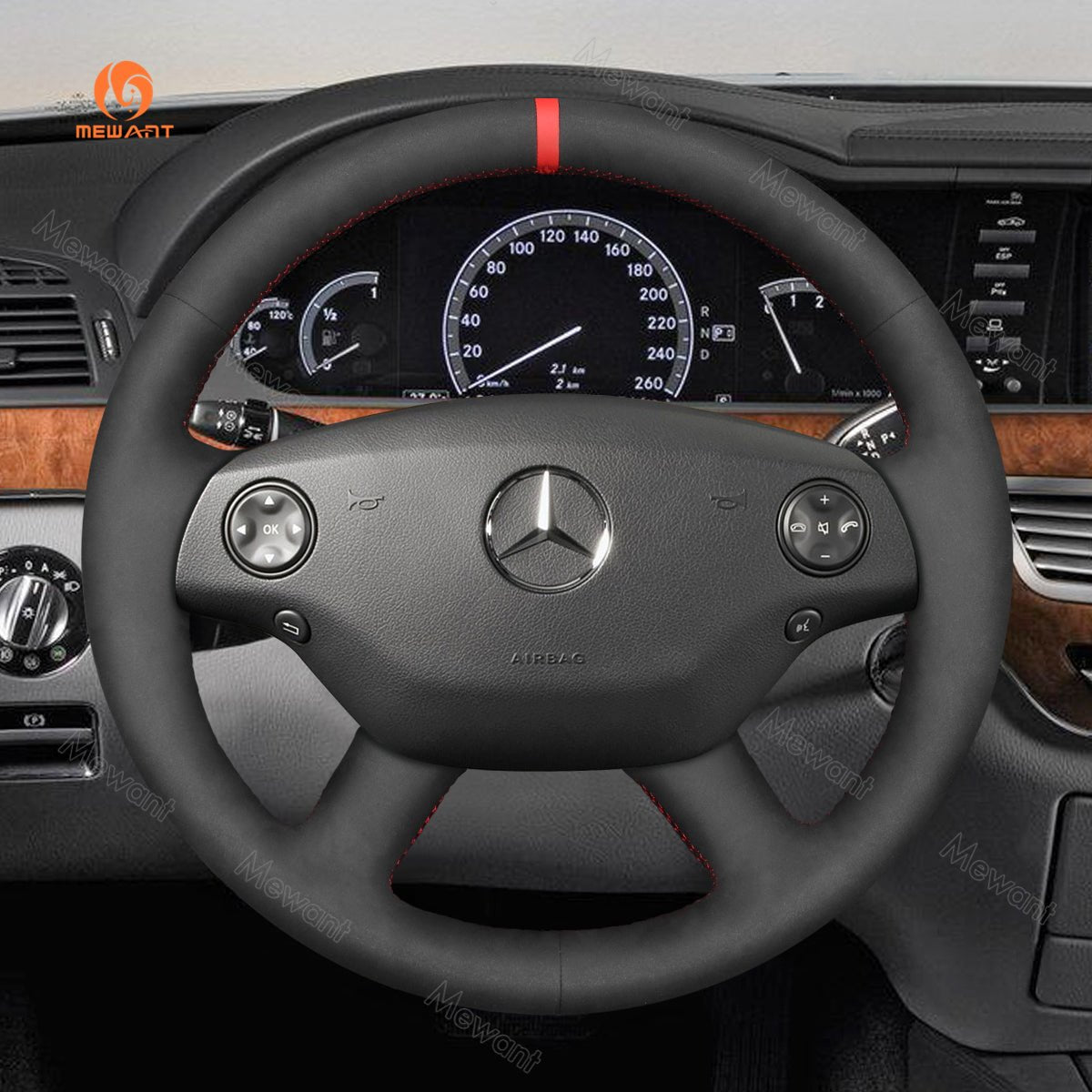 MEWANT Hand Stitch Car Steering Wheel Cover for Mercedes Benz CL - Class C216 2007 - 2010 / S - Class W221 2007 - 2009 - Alcantara, Leather, Carbon Fiber, Easy Install, Non - Slip, Best Steering Wheel Cover