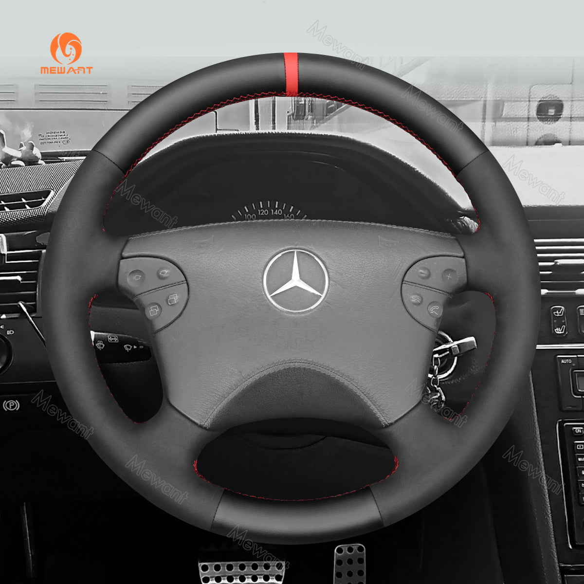 MEWANT Hand Stitch Car Steering Wheel Cover for Mercedes Benz CLK - Class W208 C208 / E - Class W210 / G - Class W463 - Alcantara, Leather, Carbon Fiber, Easy Install, Non - Slip, Best Steering Wheel Cover