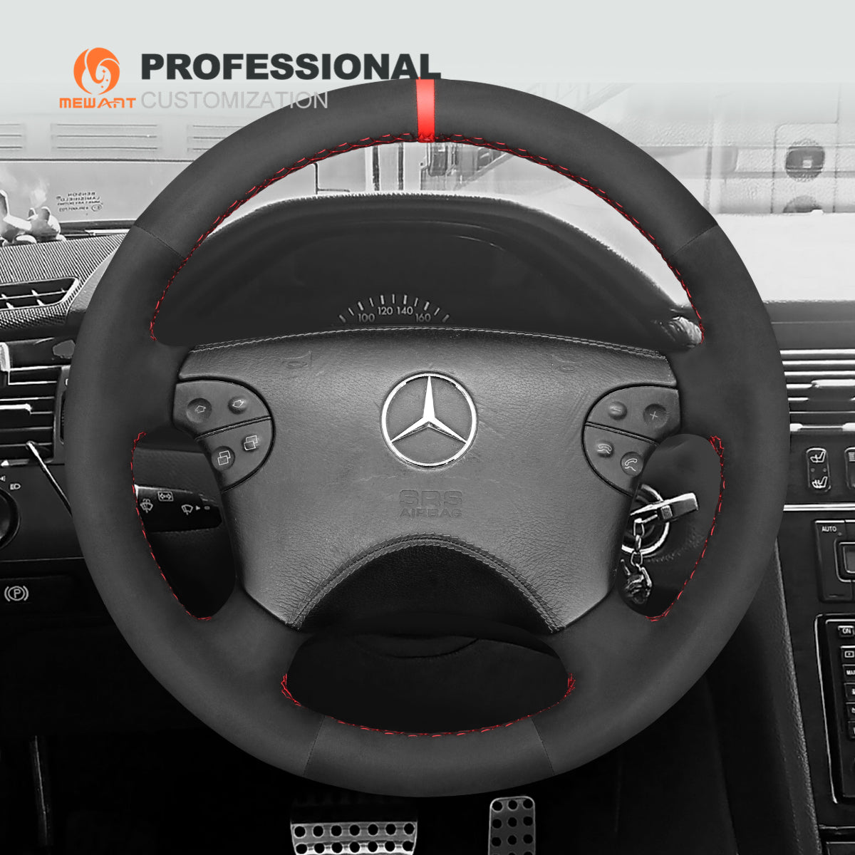 MEWANT Hand Stitch Car Steering Wheel Cover for Mercedes Benz CLK - Class W208 C208 / E - Class W210 / G - Class W463 - Alcantara, Leather, Carbon Fiber, Easy Install, Non - Slip, Best Steering Wheel Cover