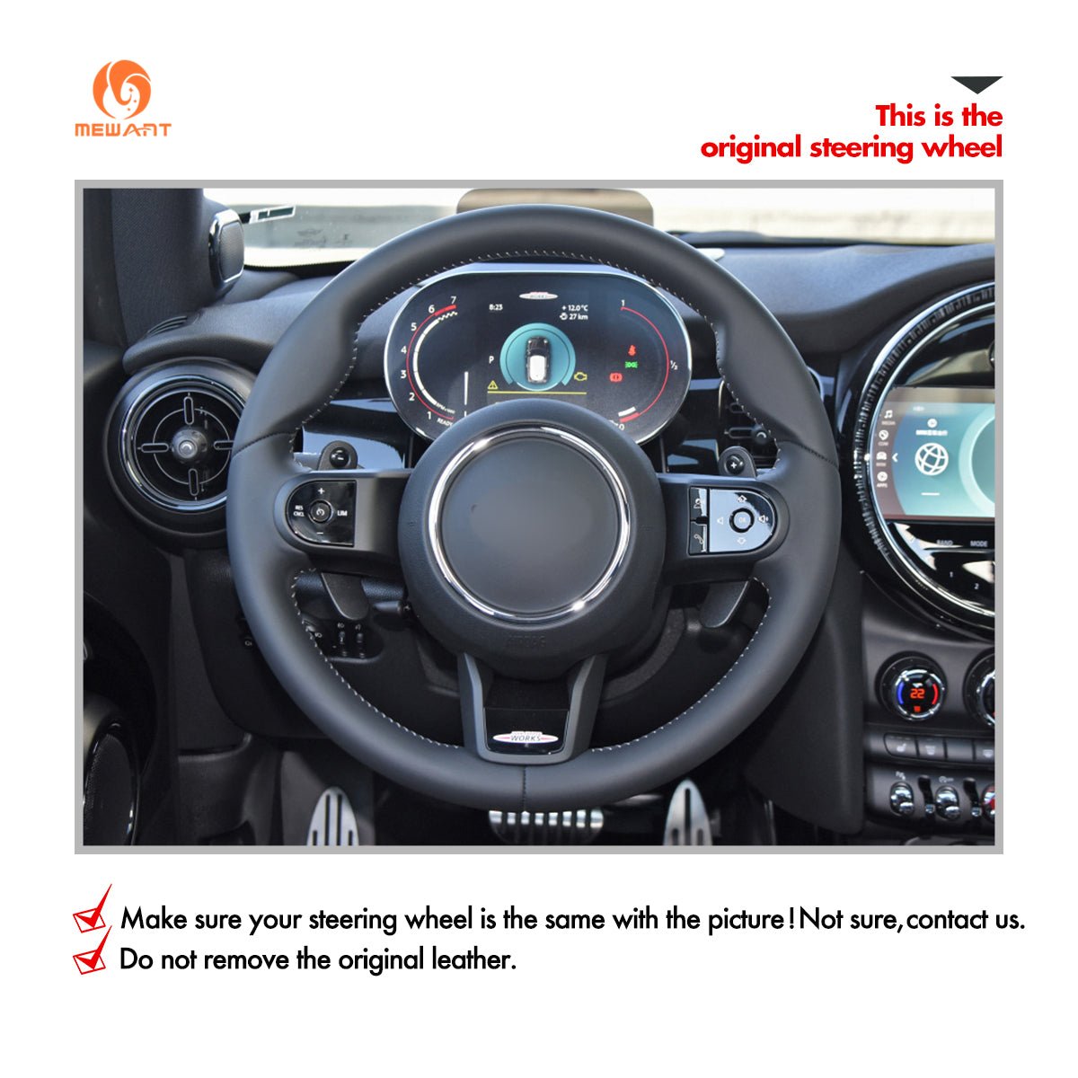 MEWANT Hand Stitch Car Steering Wheel Cover for Mini Clubman (F54)/ Convertible (Cabrio) F57/ Countryman (F60) / Countryman Plug - in Hybrid/ Hardtop (F55/F56) / Hatchback (F55/F56)/ Electric Convertible (F57) - Alcantara, Leather, Carbon Fiber, Easy Install, Non - Slip, Best Steering Wheel Cover