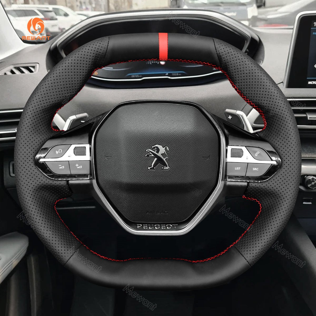 MEWANT Hand Stitch Car Steering Wheel Cover for Peugeot 208 308 (SW) 2008 3008 508 508 SW 5008 Partner Rifter - Alcantara, Leather, Carbon Fiber, Easy Install, Non - Slip, Best Steering Wheel Cover