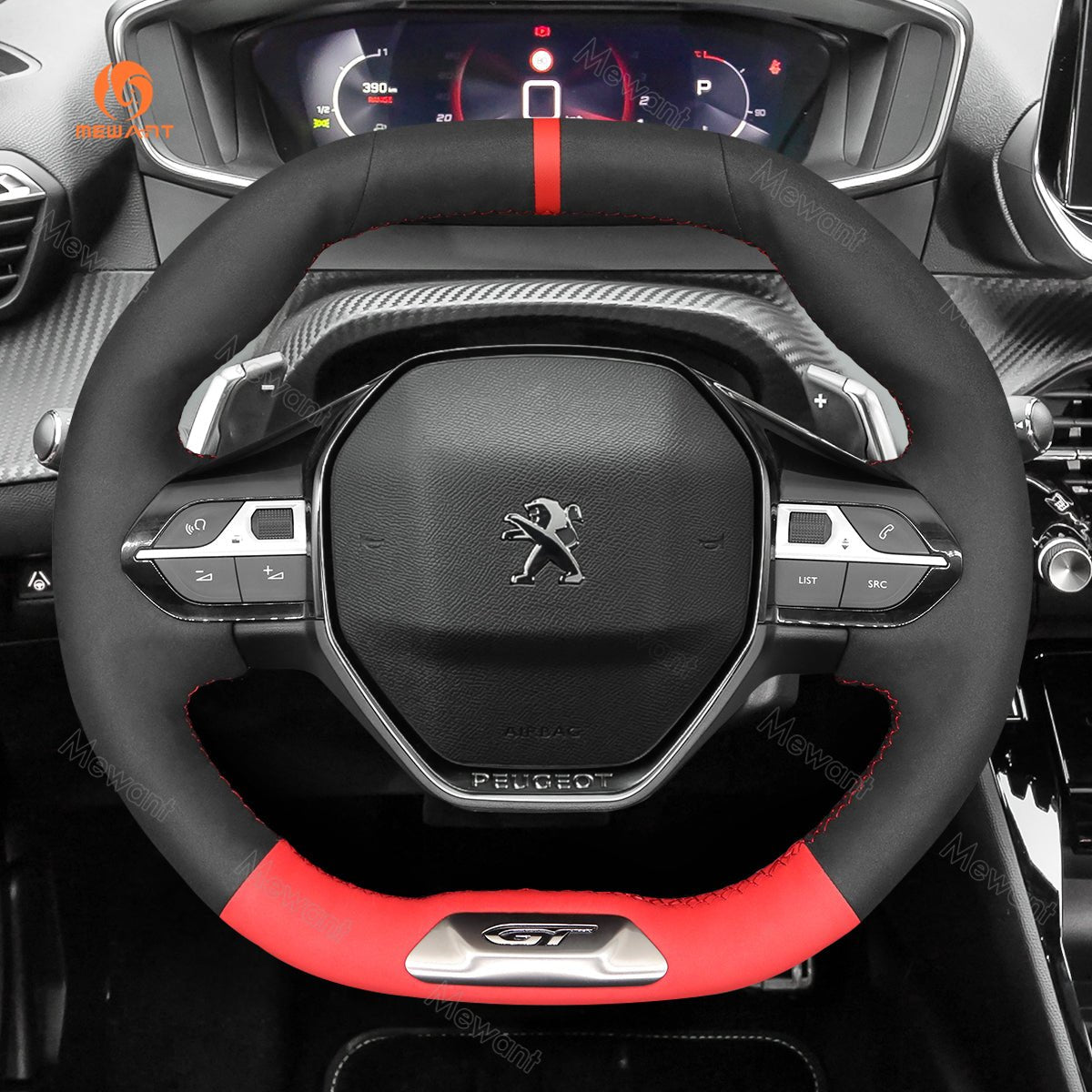 MEWANT Hand Stitch Car Steering Wheel Cover for Peugeot 208 308 SW 2008 3008 508 SW 5008 Rifter (GT/GT Line) - Alcantara, Leather, Carbon Fiber, Easy Install, Non - Slip, Best Steering Wheel Cover