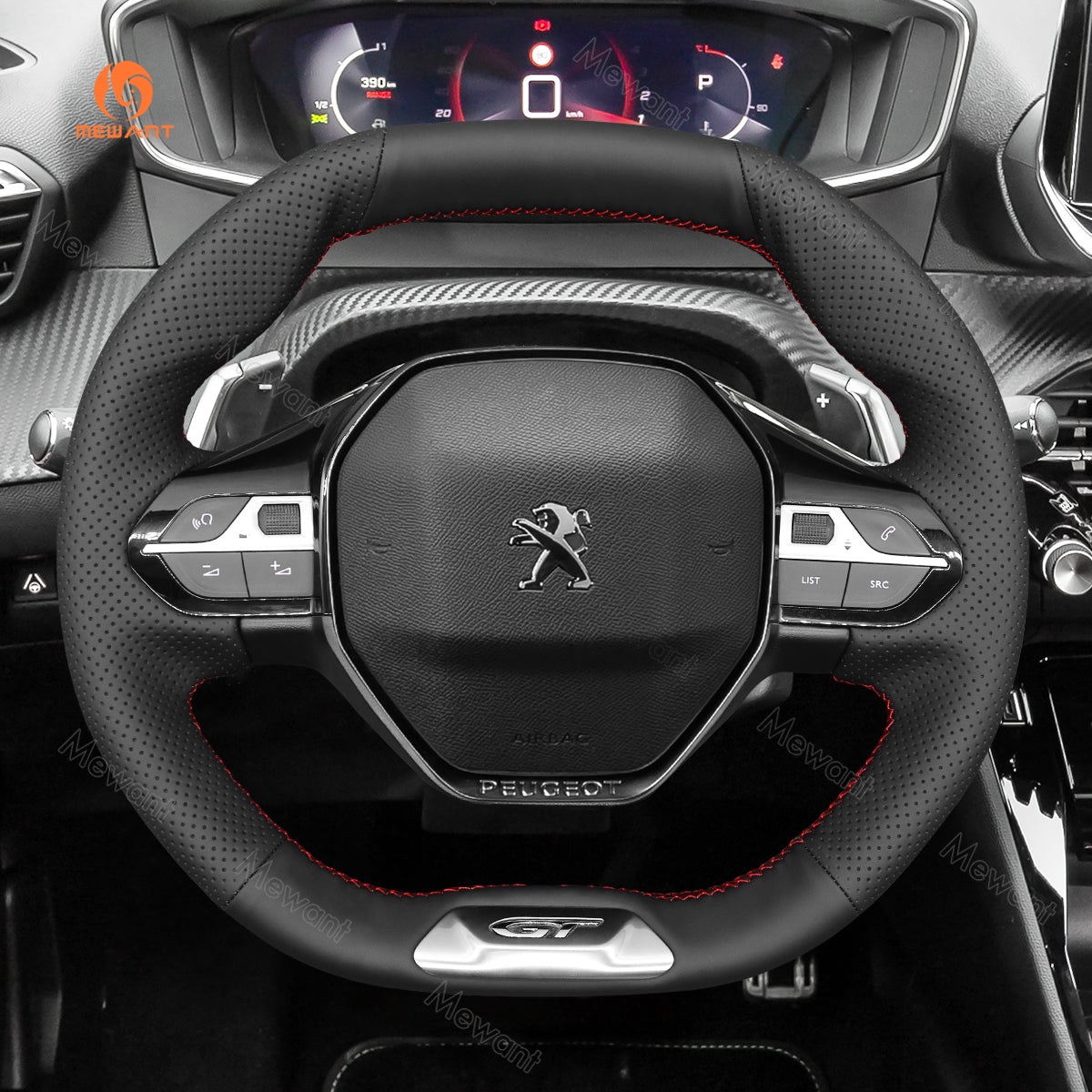 MEWANT Hand Stitch Car Steering Wheel Cover for Peugeot 208 308 SW 2008 3008 508 SW 5008 Rifter (GT/GT Line) - Alcantara, Leather, Carbon Fiber, Easy Install, Non - Slip, Best Steering Wheel Cover