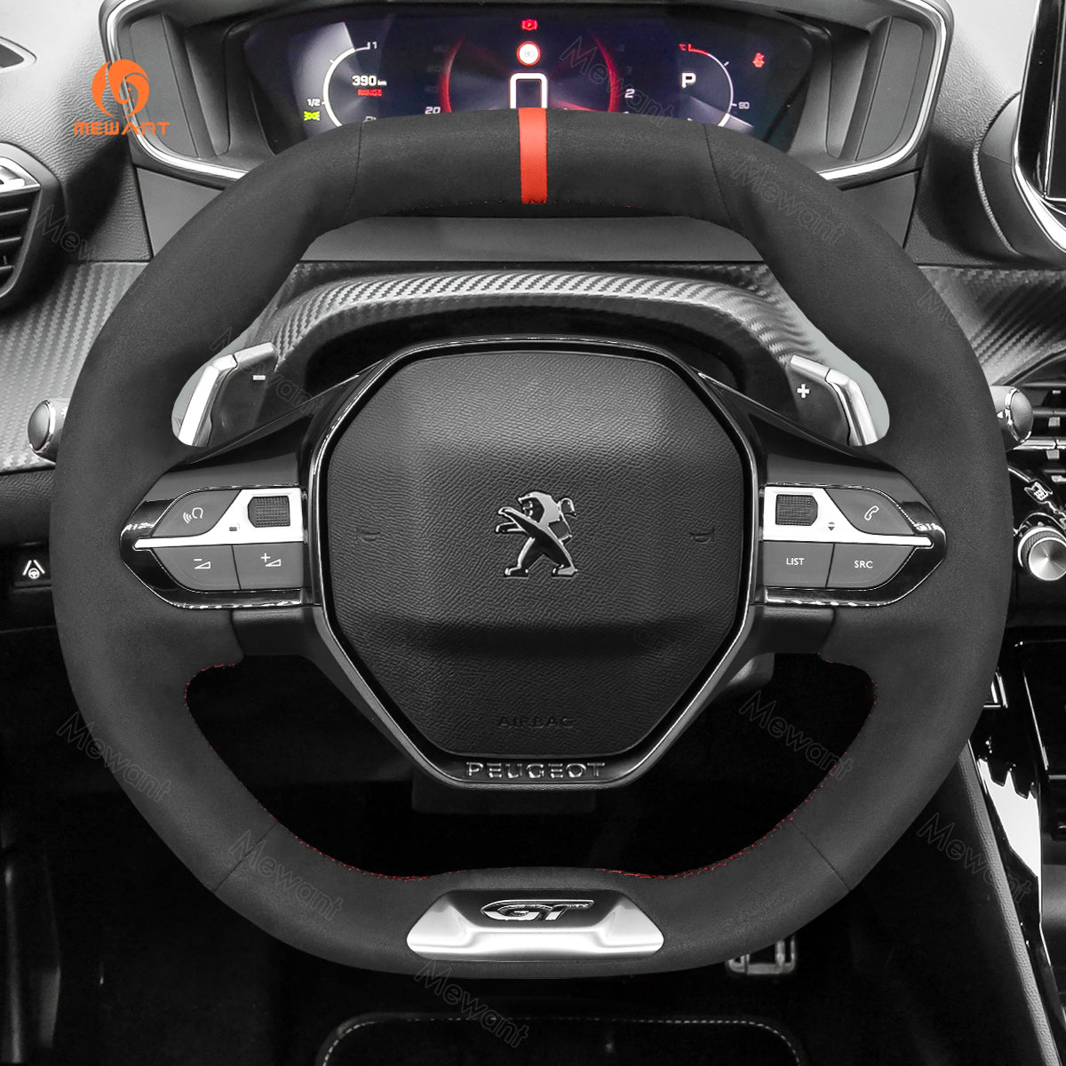 MEWANT Hand Stitch Car Steering Wheel Cover for Peugeot 208 308 SW 2008 3008 508 SW 5008 Rifter (GT/GT Line) - Alcantara, Leather, Carbon Fiber, Easy Install, Non - Slip, Best Steering Wheel Cover