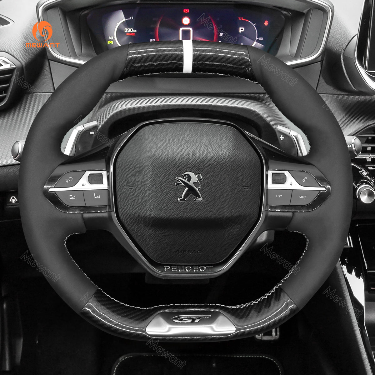 MEWANT Hand Stitch Car Steering Wheel Cover for Peugeot 208 308 SW 2008 3008 508 SW 5008 Rifter (GT/GT Line) - Alcantara, Leather, Carbon Fiber, Easy Install, Non - Slip, Best Steering Wheel Cover