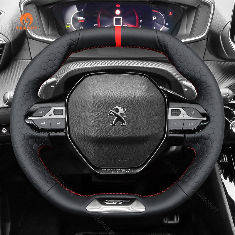MEWANT Hand Stitch Car Steering Wheel Cover for Peugeot 208 308 SW 2008 3008 508 SW 5008 Rifter (GT/GT Line) - Alcantara, Leather, Carbon Fiber, Easy Install, Non - Slip, Best Steering Wheel Cover