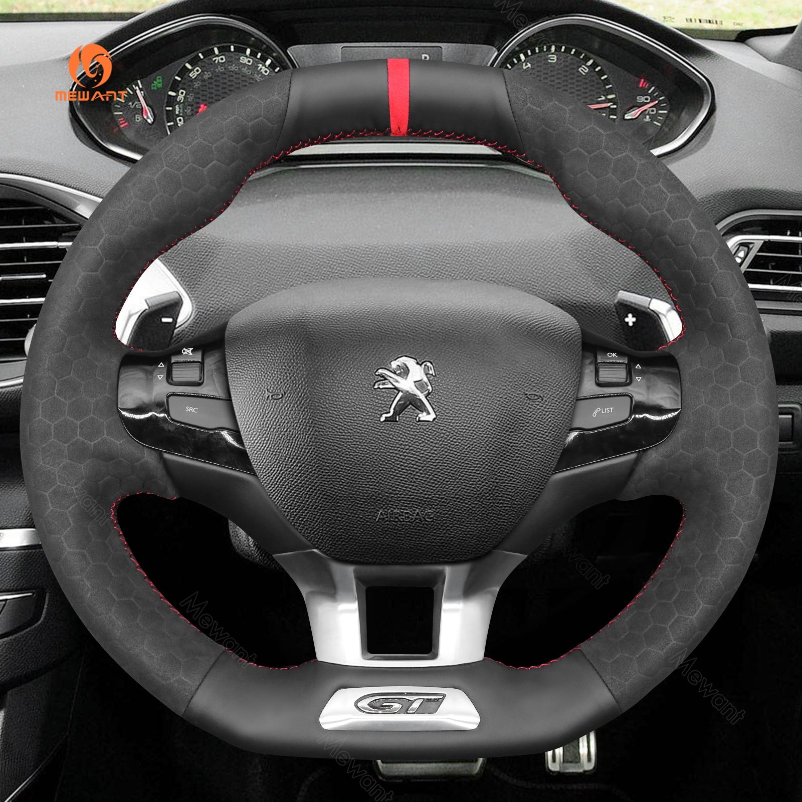 MEWANT Hand Stitch Car Steering Wheel Cover for Peugeot 208 (GTi/GT Line/GT) / 308 (GT/GTi/GT Line) / 308 SW (GT/GT Line) / 2008 (GT Line) - Alcantara, Leather, Carbon Fiber, Easy Install, Non - Slip, Best Steering Wheel Cover