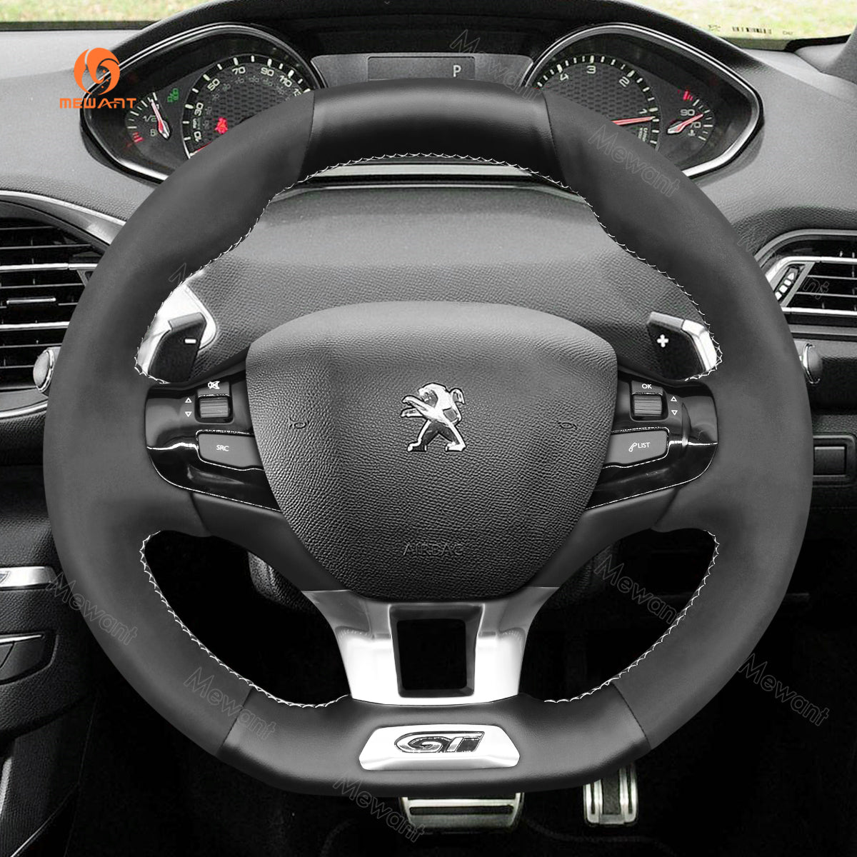 MEWANT Hand Stitch Car Steering Wheel Cover for Peugeot 208 (GTi/GT Line/GT) / 308 (GT/GTi/GT Line) / 308 SW (GT/GT Line) / 2008 (GT Line) - Alcantara, Leather, Carbon Fiber, Easy Install, Non - Slip, Best Steering Wheel Cover