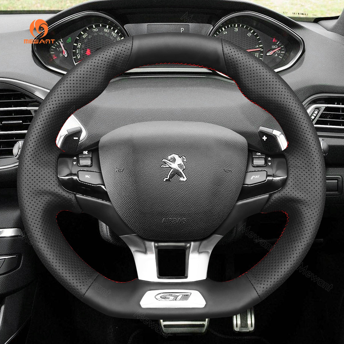 MEWANT Hand Stitch Car Steering Wheel Cover for Peugeot 208 (GTi/GT Line/GT) / 308 (GT/GTi/GT Line) / 308 SW (GT/GT Line) / 2008 (GT Line) - Alcantara, Leather, Carbon Fiber, Easy Install, Non - Slip, Best Steering Wheel Cover