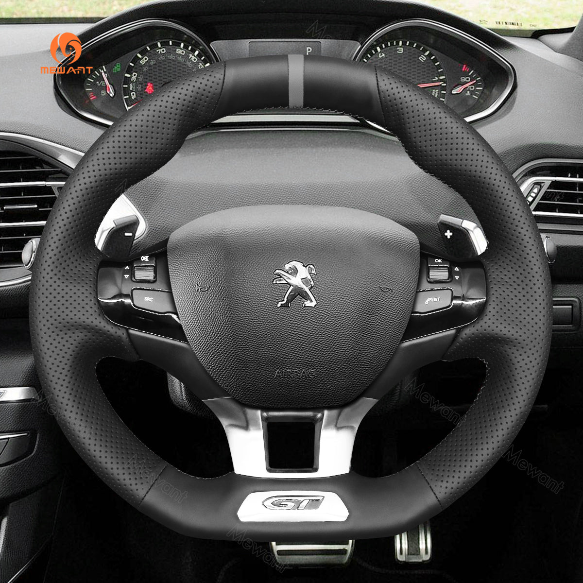 MEWANT Hand Stitch Car Steering Wheel Cover for Peugeot 208 (GTi/GT Line/GT) / 308 (GT/GTi/GT Line) / 308 SW (GT/GT Line) / 2008 (GT Line) - Alcantara, Leather, Carbon Fiber, Easy Install, Non - Slip, Best Steering Wheel Cover