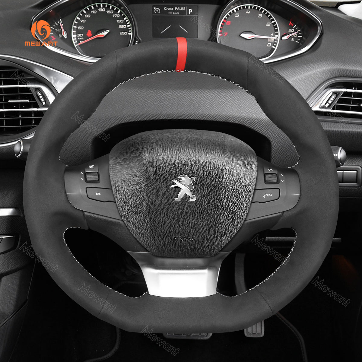 MEWANT Hand Stitch Car Steering Wheel Cover for Peugeot 308 2013 - 2021 / 308 SW 2014 - 2021 - Alcantara, Leather, Carbon Fiber, Easy Install, Non - Slip, Best Steering Wheel Cover