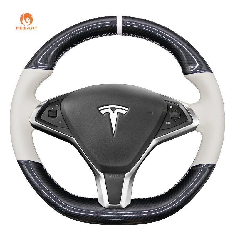 Mewant Hand Stitch Car Steering Wheel Cover - for Tesla model S 2013 - 2017 - US in stock - Alcantara, Leather, Carbon Fiber, Easy Install, Non - Slip, Best Steering Wheel Cover