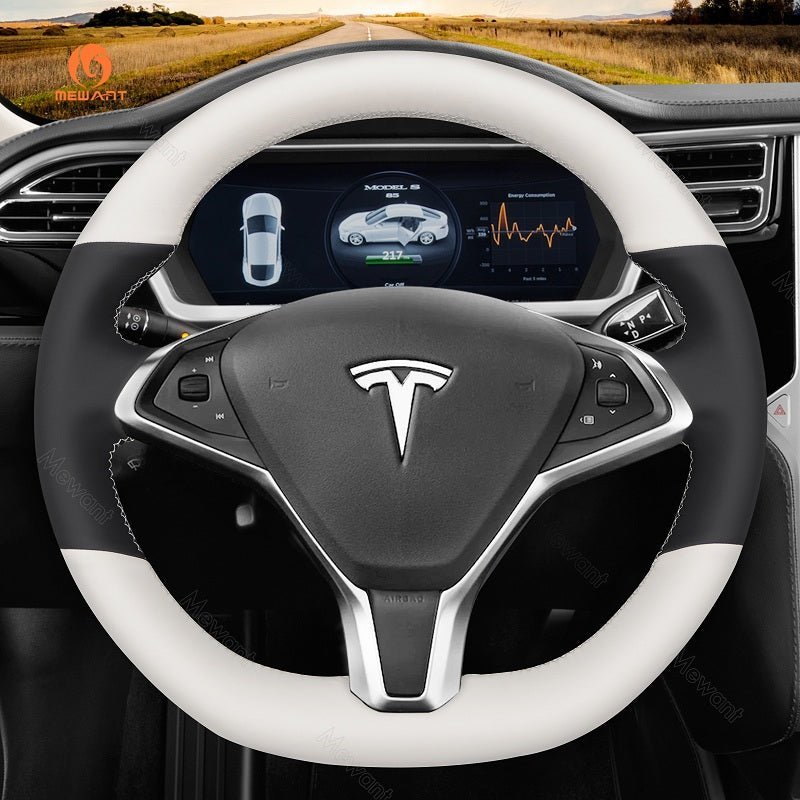 Mewant Hand Stitch Car Steering Wheel Cover - for Tesla model S 2013 - 2017 - US in stock - Alcantara, Leather, Carbon Fiber, Easy Install, Non - Slip, Best Steering Wheel Cover