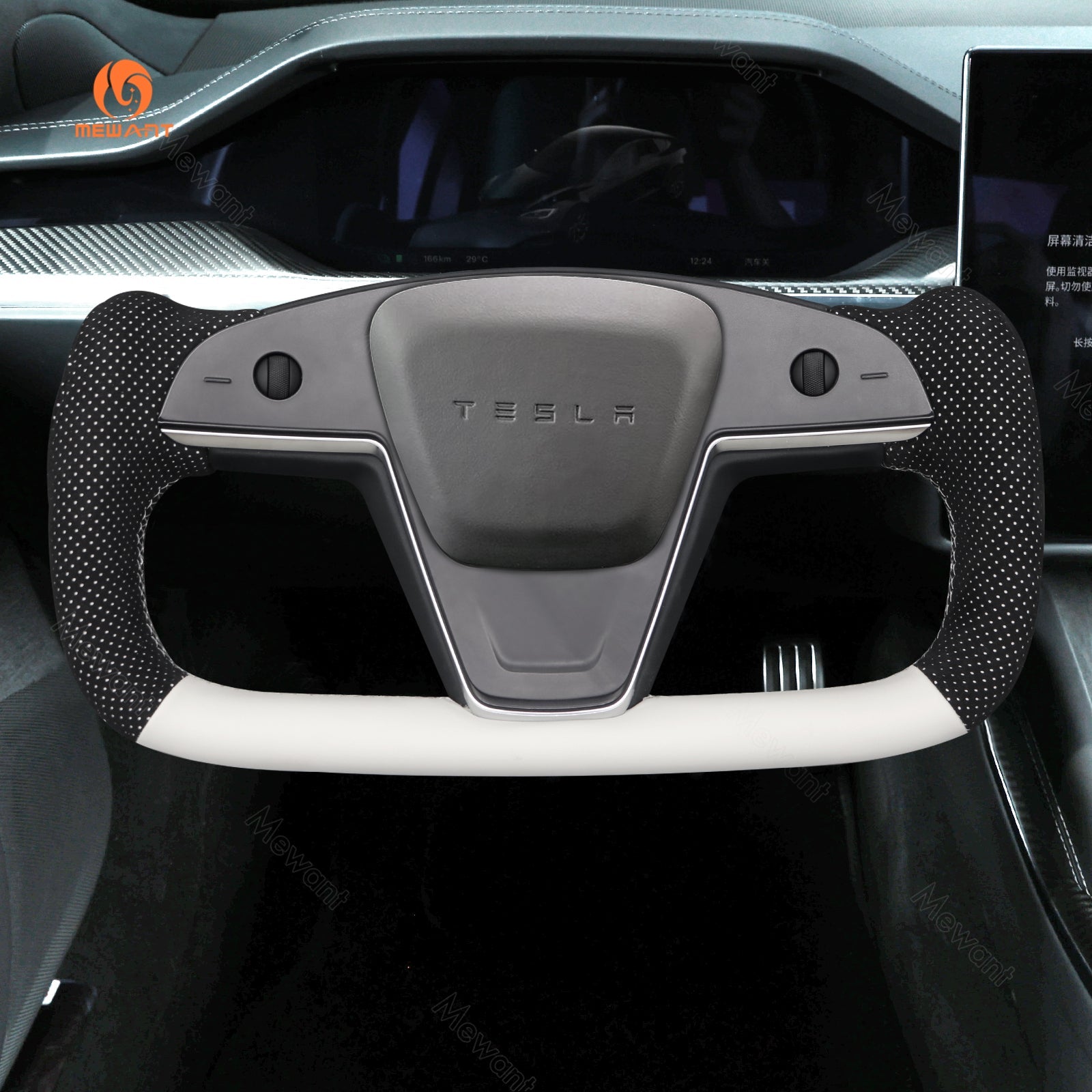 MEWANT Hand Stitch Car Steering Wheel Cover for Tesla Yoke Model S 2021 - 2023 / Model X 2021 - 2023 - Alcantara, Leather, Carbon Fiber, Easy Install, Non - Slip, Best Steering Wheel Cover