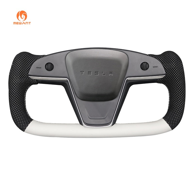 MEWANT Hand Stitch Car Steering Wheel Cover for Tesla Yoke Model S 2021 - 2023 / Model X 2021 - 2023 - Alcantara, Leather, Carbon Fiber, Easy Install, Non - Slip, Best Steering Wheel Cover
