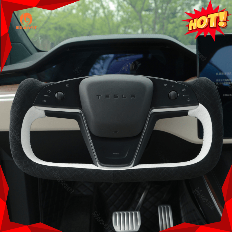 MEWANT Hand Stitch Car Steering Wheel Cover for Tesla Yoke Model S 2021 - 2023 / Model X 2021 - 2023 - Alcantara, Leather, Carbon Fiber, Easy Install, Non - Slip, Best Steering Wheel Cover