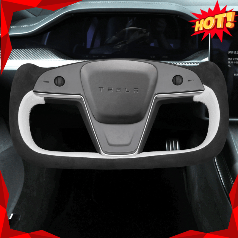 MEWANT Hand Stitch Car Steering Wheel Cover for Tesla Yoke Model S 2021 - 2023 / Model X 2021 - 2023 - Alcantara, Leather, Carbon Fiber, Easy Install, Non - Slip, Best Steering Wheel Cover