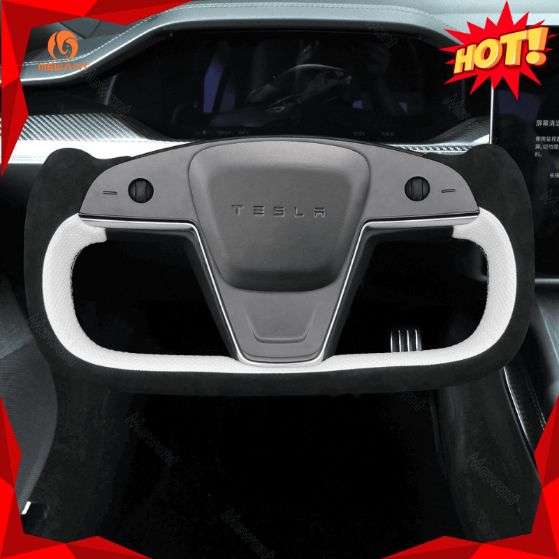 MEWANT Hand Stitch Car Steering Wheel Cover for Tesla Yoke Model S 2021 - 2023 / Model X 2021 - 2023 - Alcantara, Leather, Carbon Fiber, Easy Install, Non - Slip, Best Steering Wheel Cover