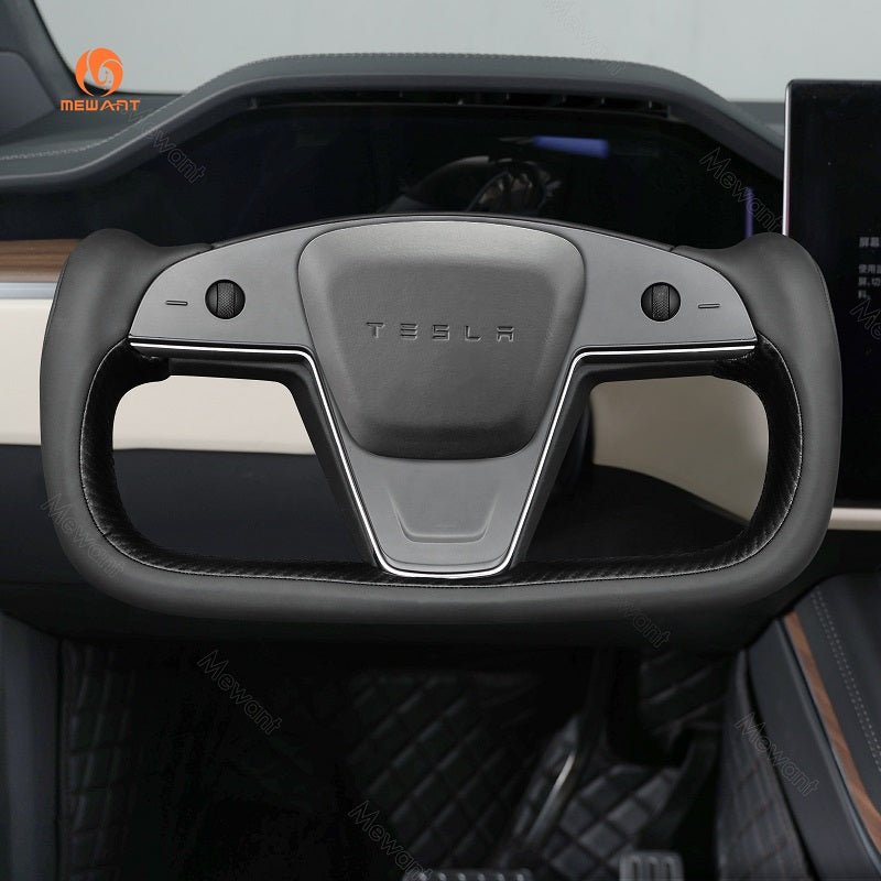 MEWANT Hand Stitch Car Steering Wheel Cover for Tesla Yoke Model S 2021 - 2023 / Model X 2021 - 2023 - Alcantara, Leather, Carbon Fiber, Easy Install, Non - Slip, Best Steering Wheel Cover