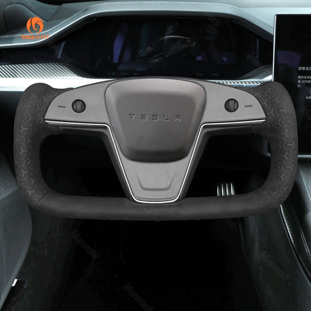 MEWANT Hand Stitch Car Steering Wheel Cover for Tesla Yoke Model S 2021 - 2023 / Model X 2021 - 2023 - Alcantara, Leather, Carbon Fiber, Easy Install, Non - Slip, Best Steering Wheel Cover