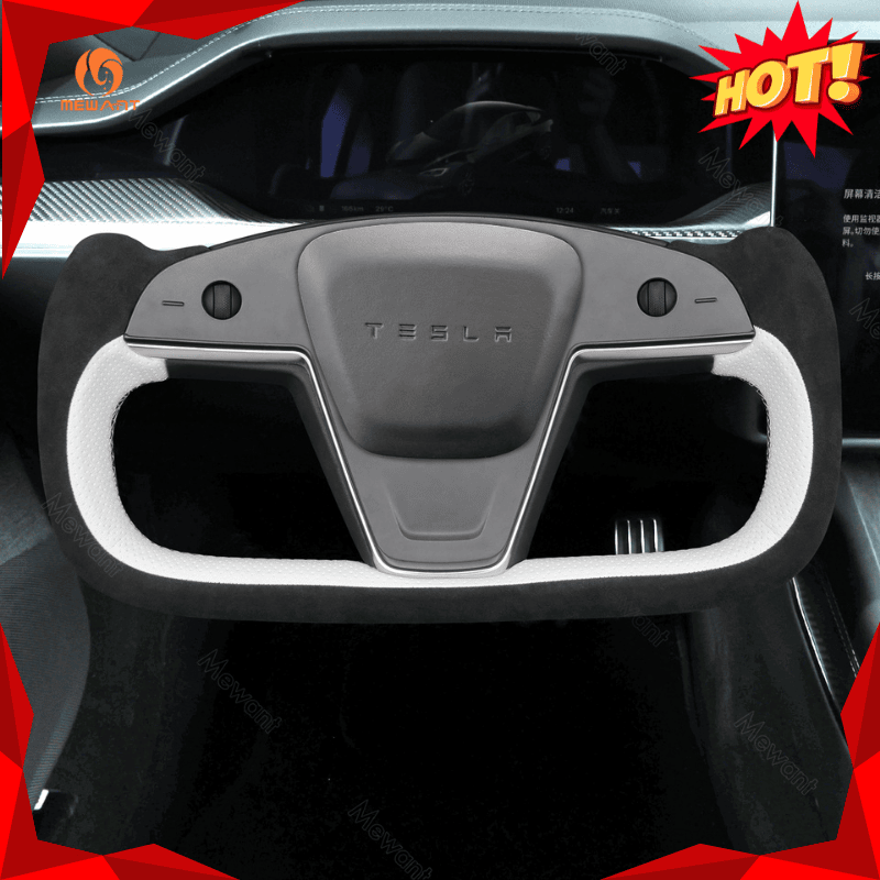 MEWANT Hand Stitch Car Steering Wheel Cover for Tesla Yoke Model S 2021 - 2023 / Model X 2021 - 2023 - Alcantara, Leather, Carbon Fiber, Easy Install, Non - Slip, Best Steering Wheel Cover