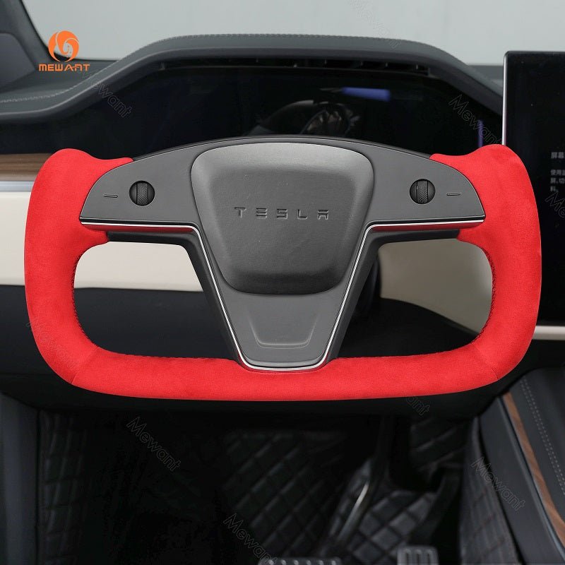 MEWANT Hand Stitch Car Steering Wheel Cover for Tesla Yoke Model S 2021 - 2023 / Model X 2021 - 2023 - Alcantara, Leather, Carbon Fiber, Easy Install, Non - Slip, Best Steering Wheel Cover