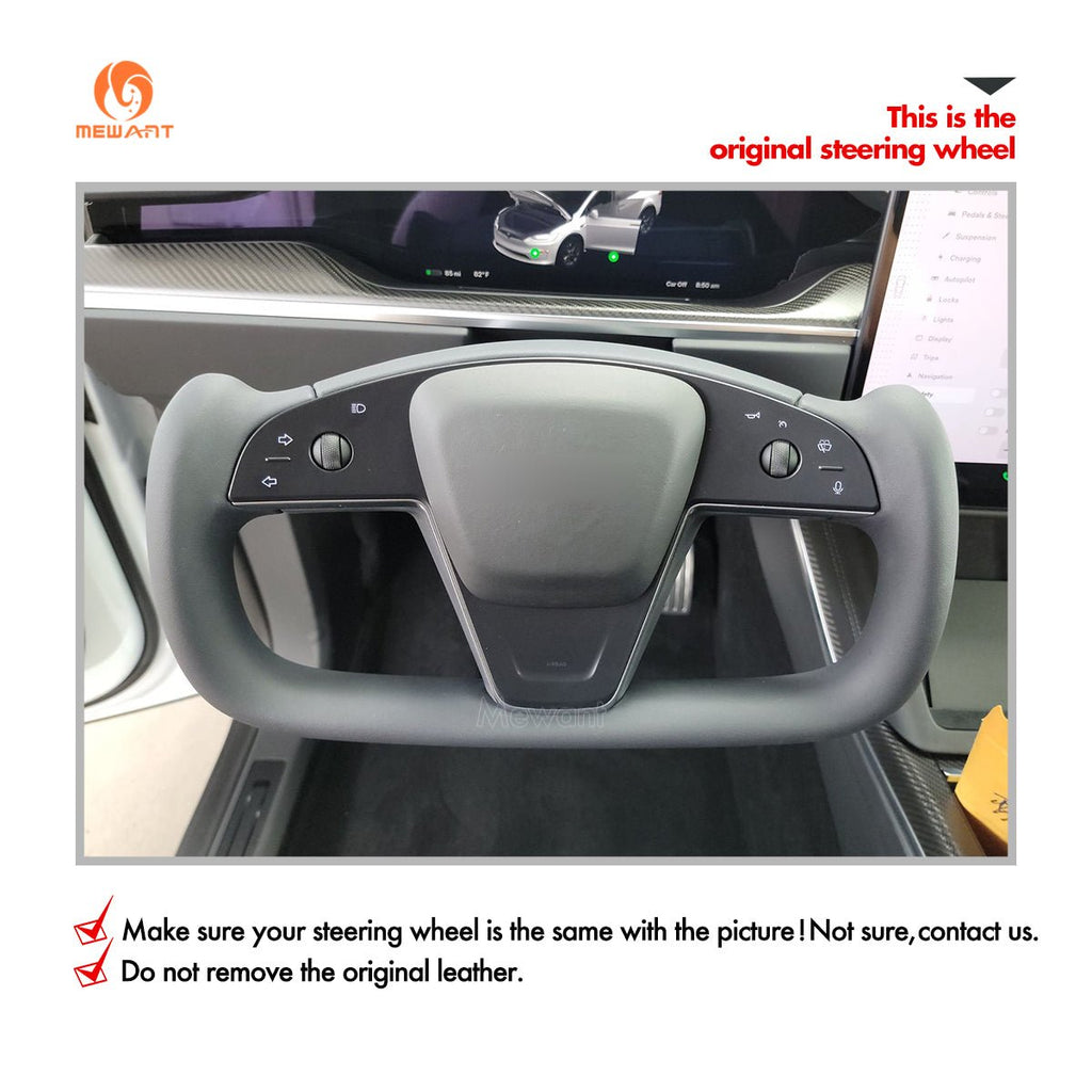 MEWANT Hand Stitch Car Steering Wheel Cover for Tesla Yoke Model S 2021 - 2023 / Model X 2021 - 2023 - Alcantara, Leather, Carbon Fiber, Easy Install, Non - Slip, Best Steering Wheel Cover