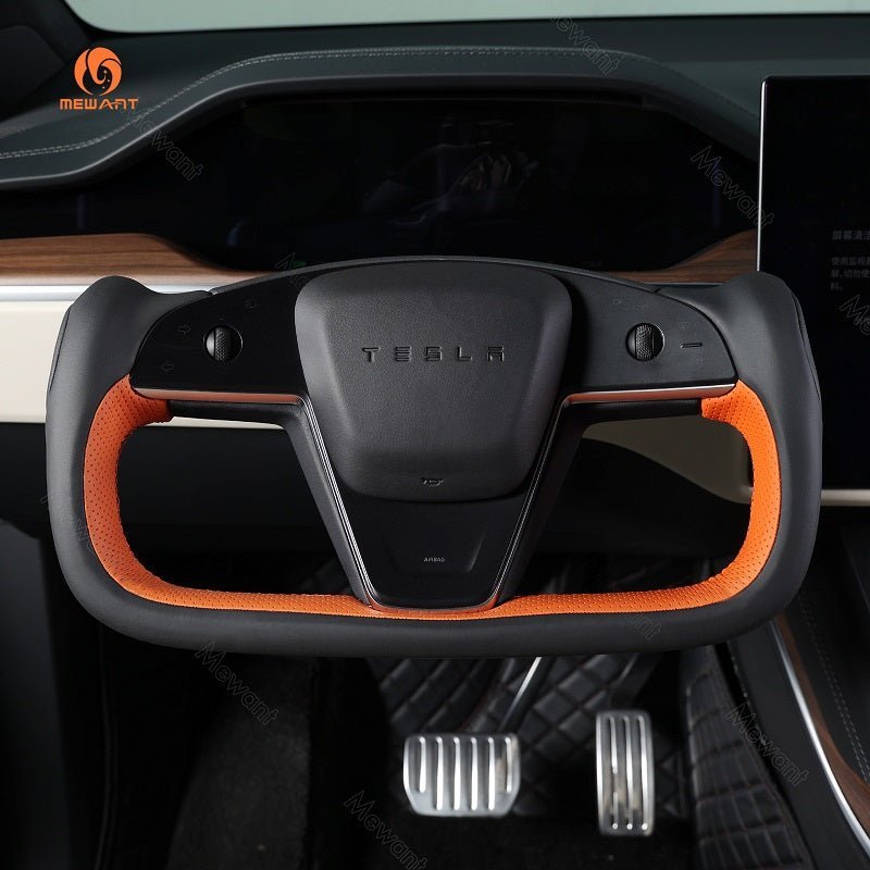 MEWANT Hand Stitch Car Steering Wheel Cover for Tesla Yoke Model S 2021 - 2023 / Model X 2021 - 2023 - Alcantara, Leather, Carbon Fiber, Easy Install, Non - Slip, Best Steering Wheel Cover