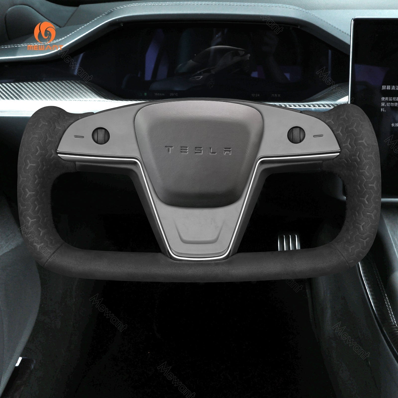 MEWANT Hand Stitch Car Steering Wheel Cover for Tesla Yoke Model S 2021 - 2023 / Model X 2021 - 2023 - Alcantara, Leather, Carbon Fiber, Easy Install, Non - Slip, Best Steering Wheel Cover