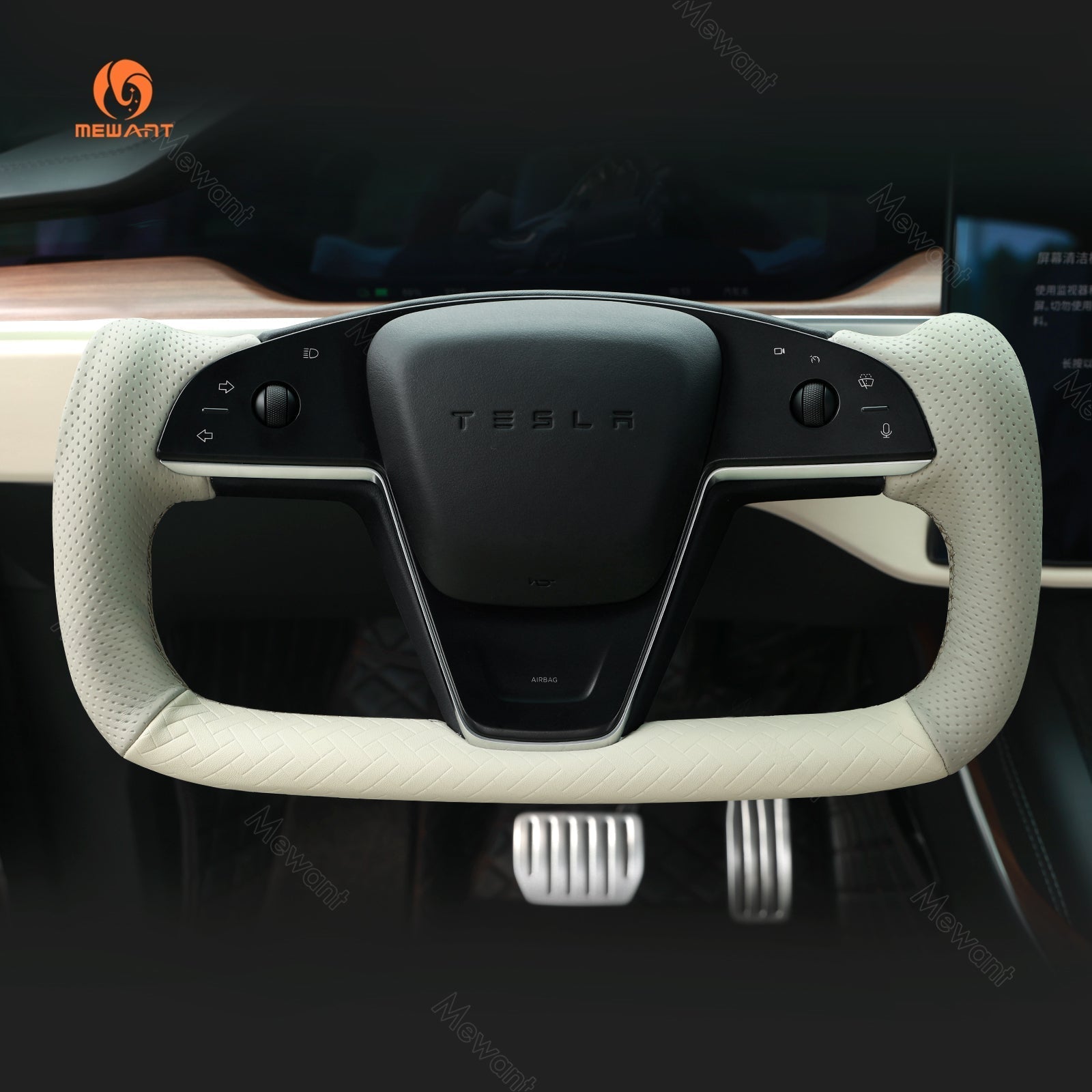 MEWANT Hand Stitch Car Steering Wheel Cover for Tesla Yoke Model S 2021 - 2023 / Model X 2021 - 2023 - Alcantara, Leather, Carbon Fiber, Easy Install, Non - Slip, Best Steering Wheel Cover