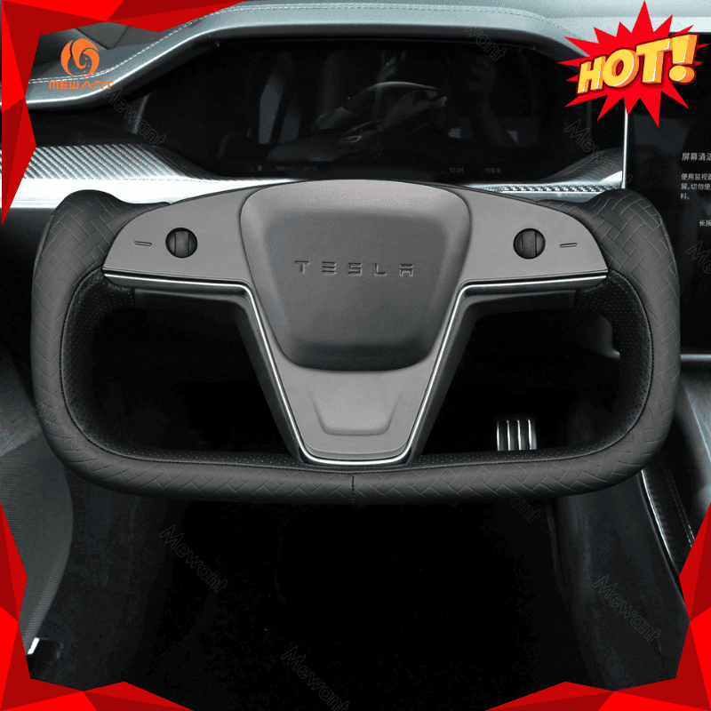 MEWANT Hand Stitch Car Steering Wheel Cover for Tesla Yoke Model S 2021 - 2023 / Model X 2021 - 2023 - Alcantara, Leather, Carbon Fiber, Easy Install, Non - Slip, Best Steering Wheel Cover