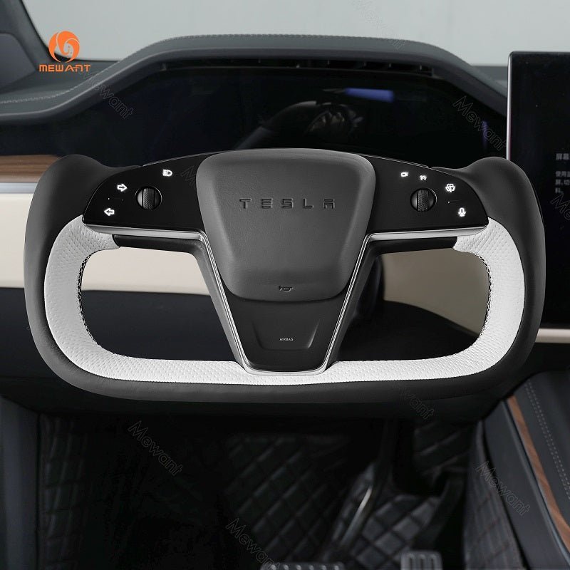 MEWANT Hand Stitch Car Steering Wheel Cover for Tesla Yoke Model S 2021 - 2023 / Model X 2021 - 2023 - Alcantara, Leather, Carbon Fiber, Easy Install, Non - Slip, Best Steering Wheel Cover