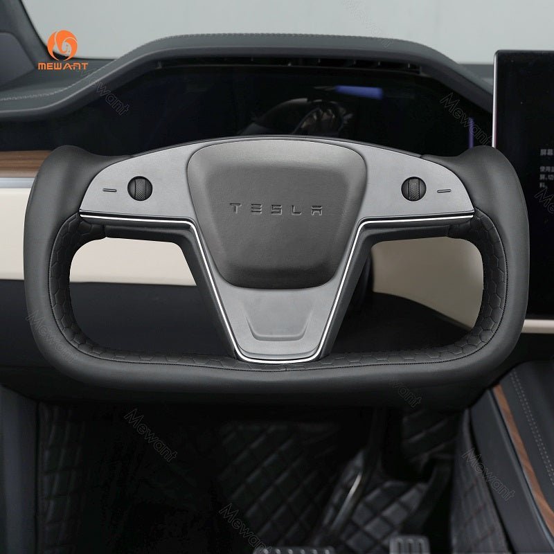 MEWANT Hand Stitch Car Steering Wheel Cover for Tesla Yoke Model S 2021 - 2023 / Model X 2021 - 2023 - Alcantara, Leather, Carbon Fiber, Easy Install, Non - Slip, Best Steering Wheel Cover