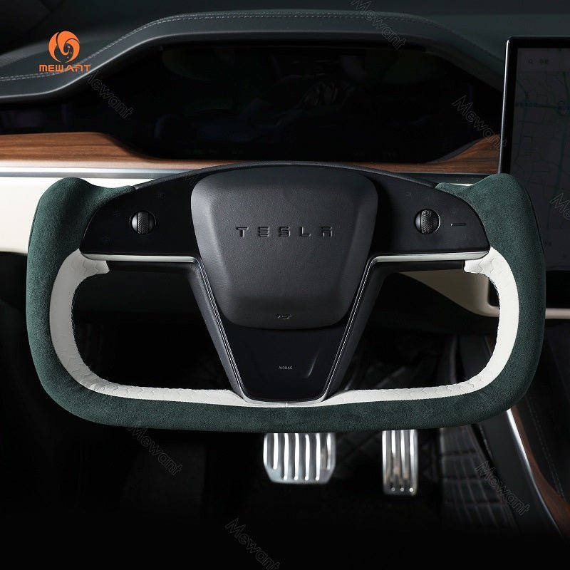 MEWANT Hand Stitch Car Steering Wheel Cover for Tesla Yoke Model S 2021 - 2023 / Model X 2021 - 2023 - Alcantara, Leather, Carbon Fiber, Easy Install, Non - Slip, Best Steering Wheel Cover