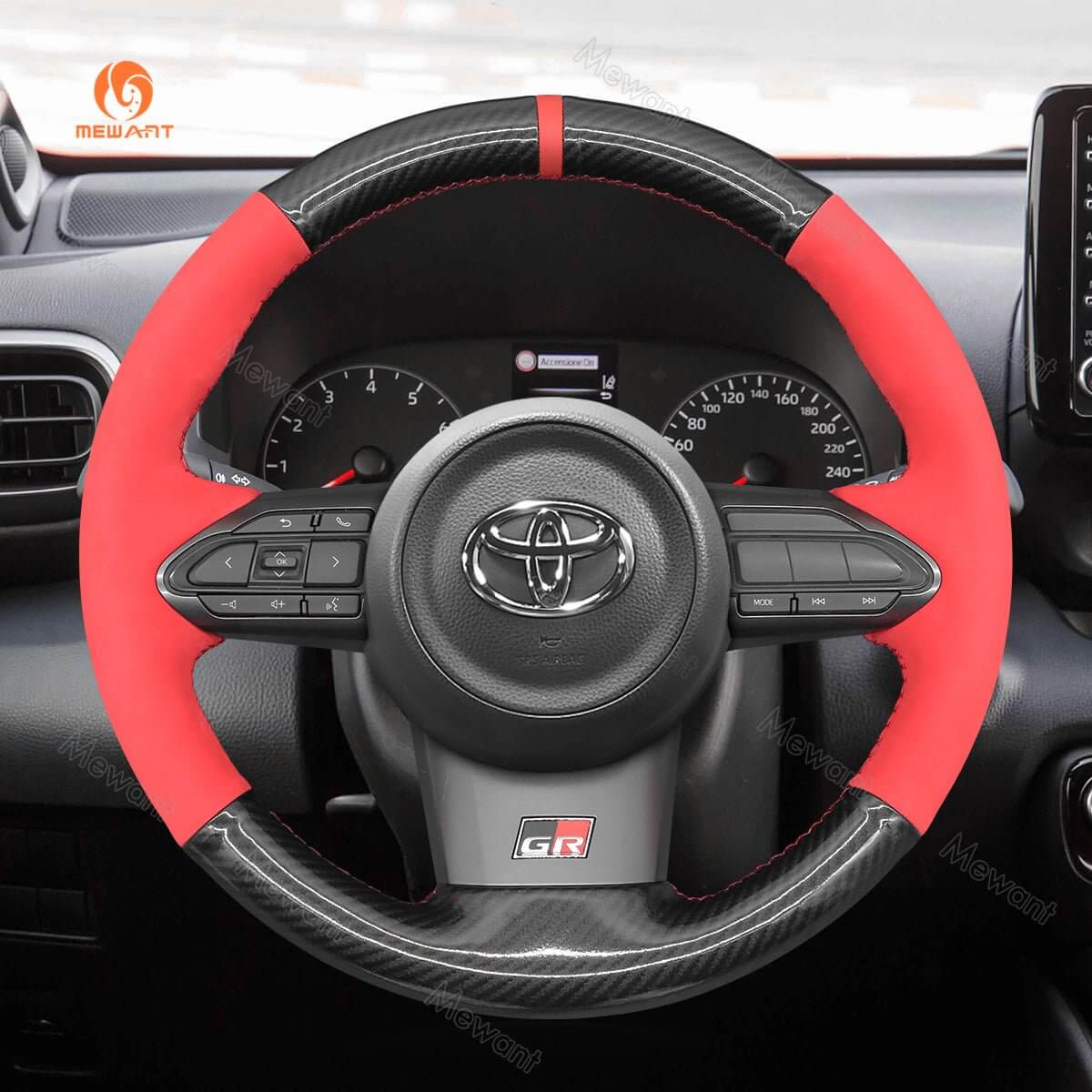 MEWANT Hand Stitch Car Steering Wheel Cover for Toyota Yaris GR 2020 - 2022 - Alcantara, Leather, Carbon Fiber, Easy Install, Non - Slip, Best Steering Wheel Cover