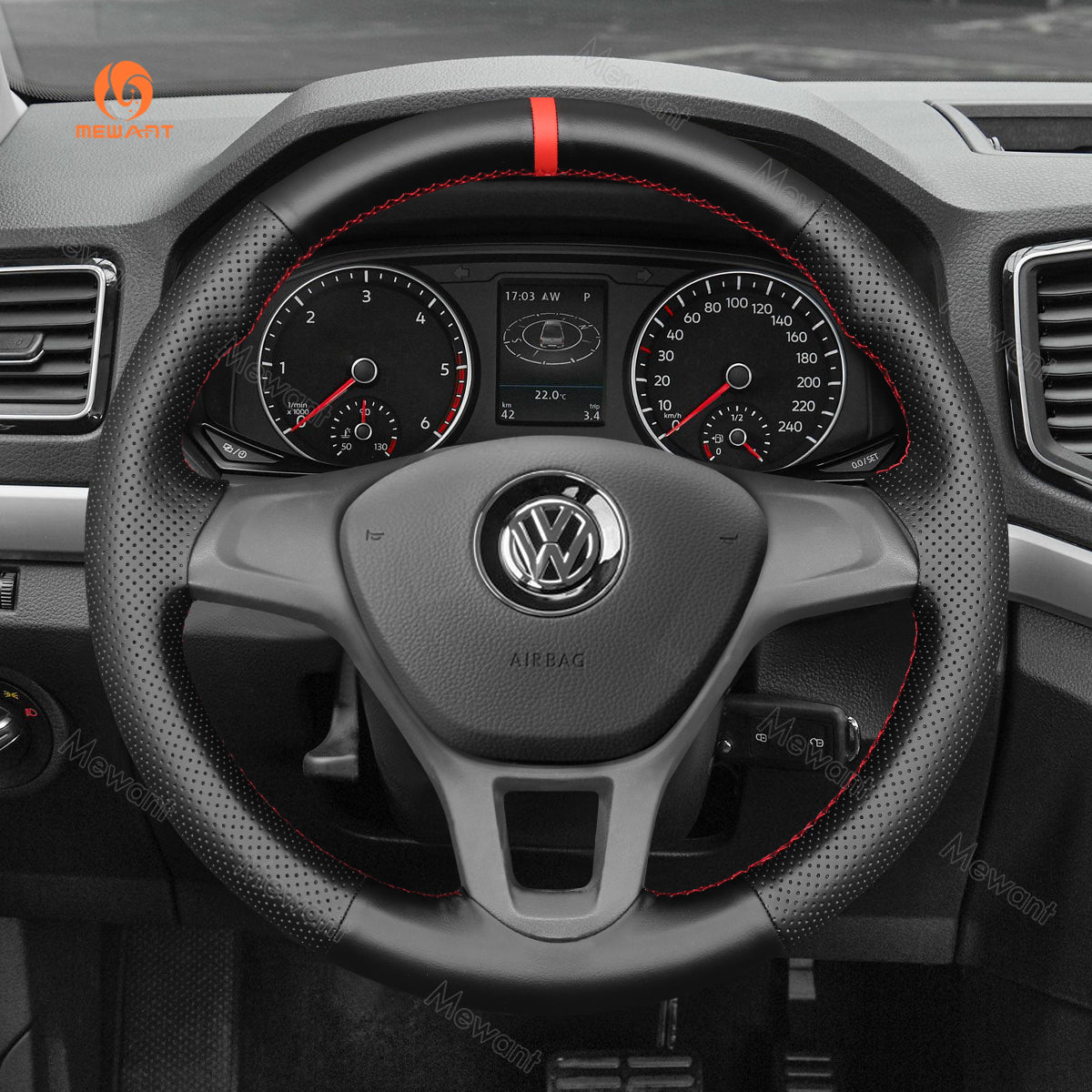 MEWANT Hand Stitch Car Steering Wheel Cover for Volkswagen VW Amarok T6 California Caravelle Kombi Multivan Transporter - Alcantara, Leather, Carbon Fiber, Easy Install, Non - Slip, Best Steering Wheel Cover