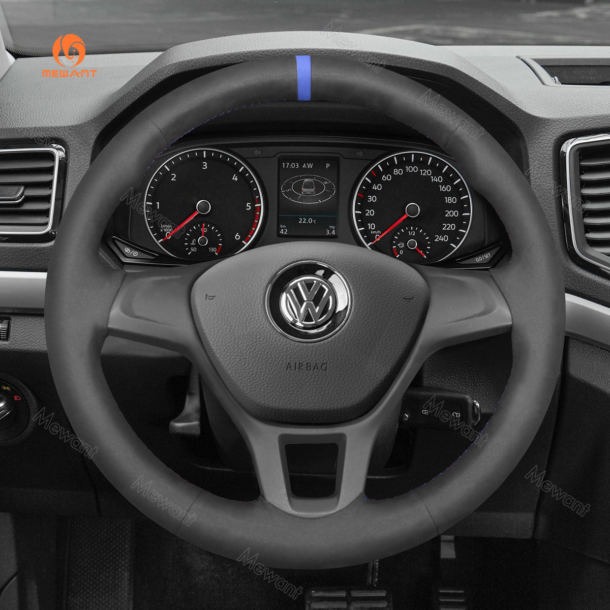 MEWANT Hand Stitch Car Steering Wheel Cover for Volkswagen VW Amarok T6 California Caravelle Kombi Multivan Transporter - Alcantara, Leather, Carbon Fiber, Easy Install, Non - Slip, Best Steering Wheel Cover