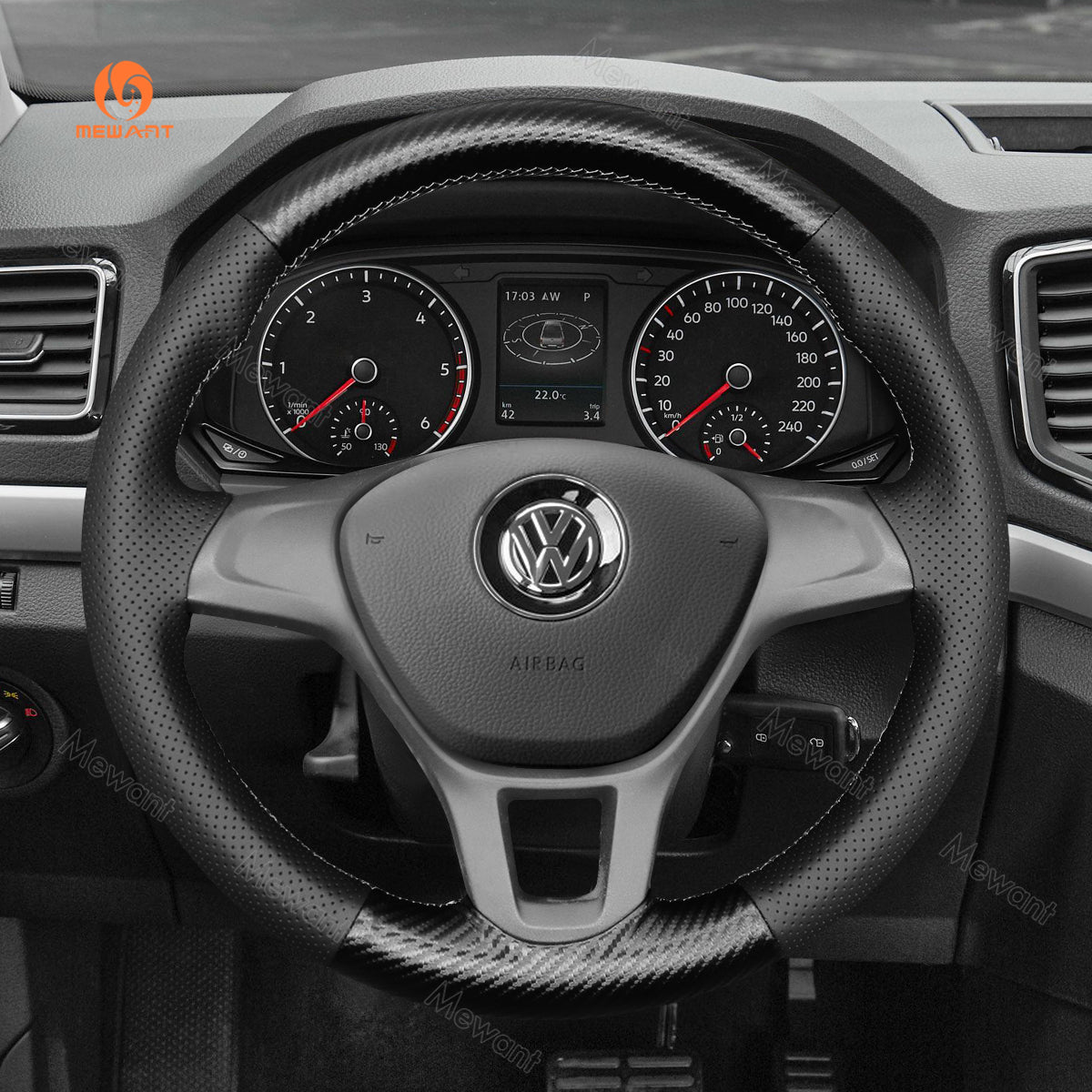 MEWANT Hand Stitch Car Steering Wheel Cover for Volkswagen VW Amarok T6 California Caravelle Kombi Multivan Transporter - Alcantara, Leather, Carbon Fiber, Easy Install, Non - Slip, Best Steering Wheel Cover