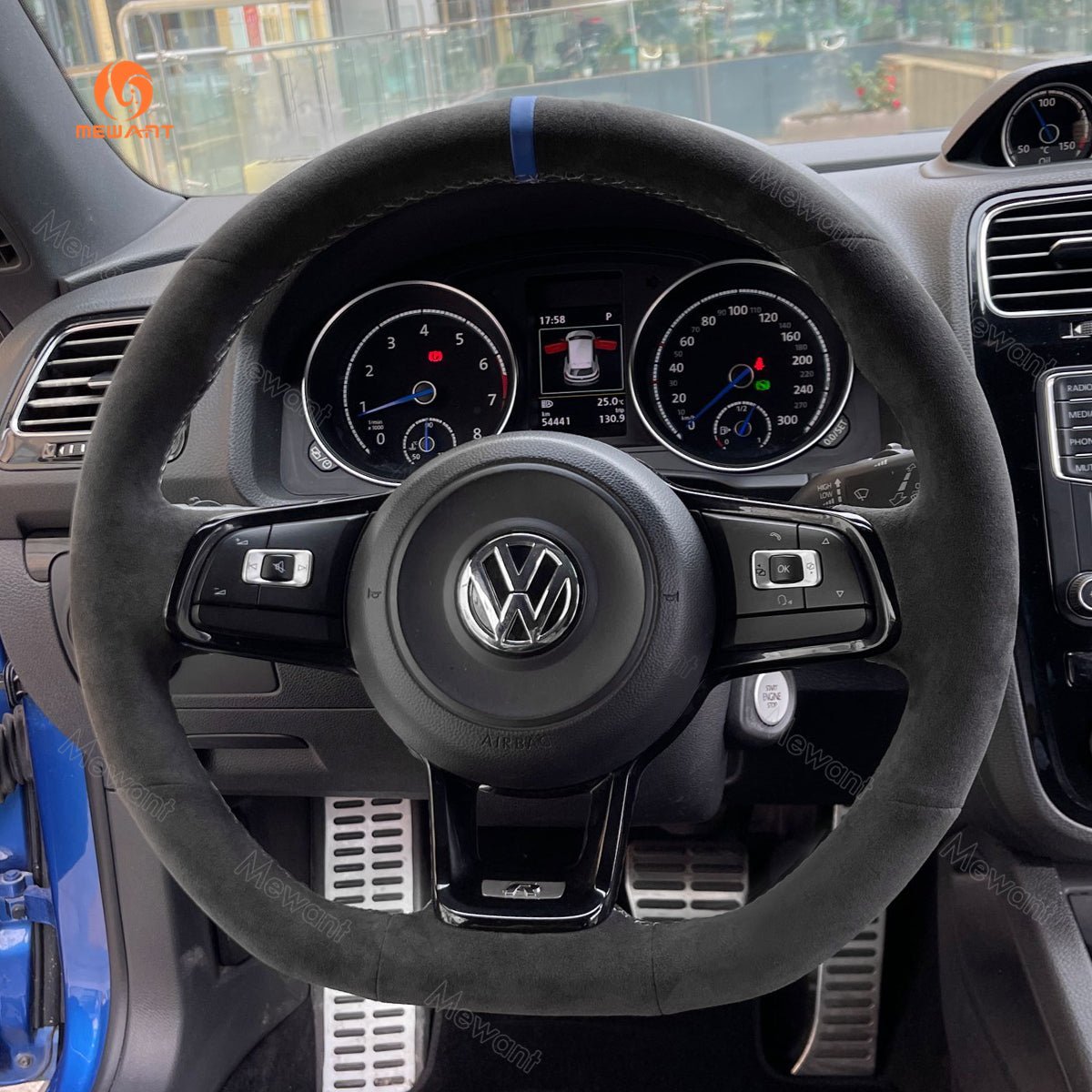 MEWANT Hand Stitch Car Steering Wheel Cover for Volkswagen VW Golf GTI 7 2015 - 2021 / Golf R 2015 - 2019 / Jetta GLI 2015 - 2018 - Alcantara, Leather, Carbon Fiber, Easy Install, Non - Slip, Best Steering Wheel Cover